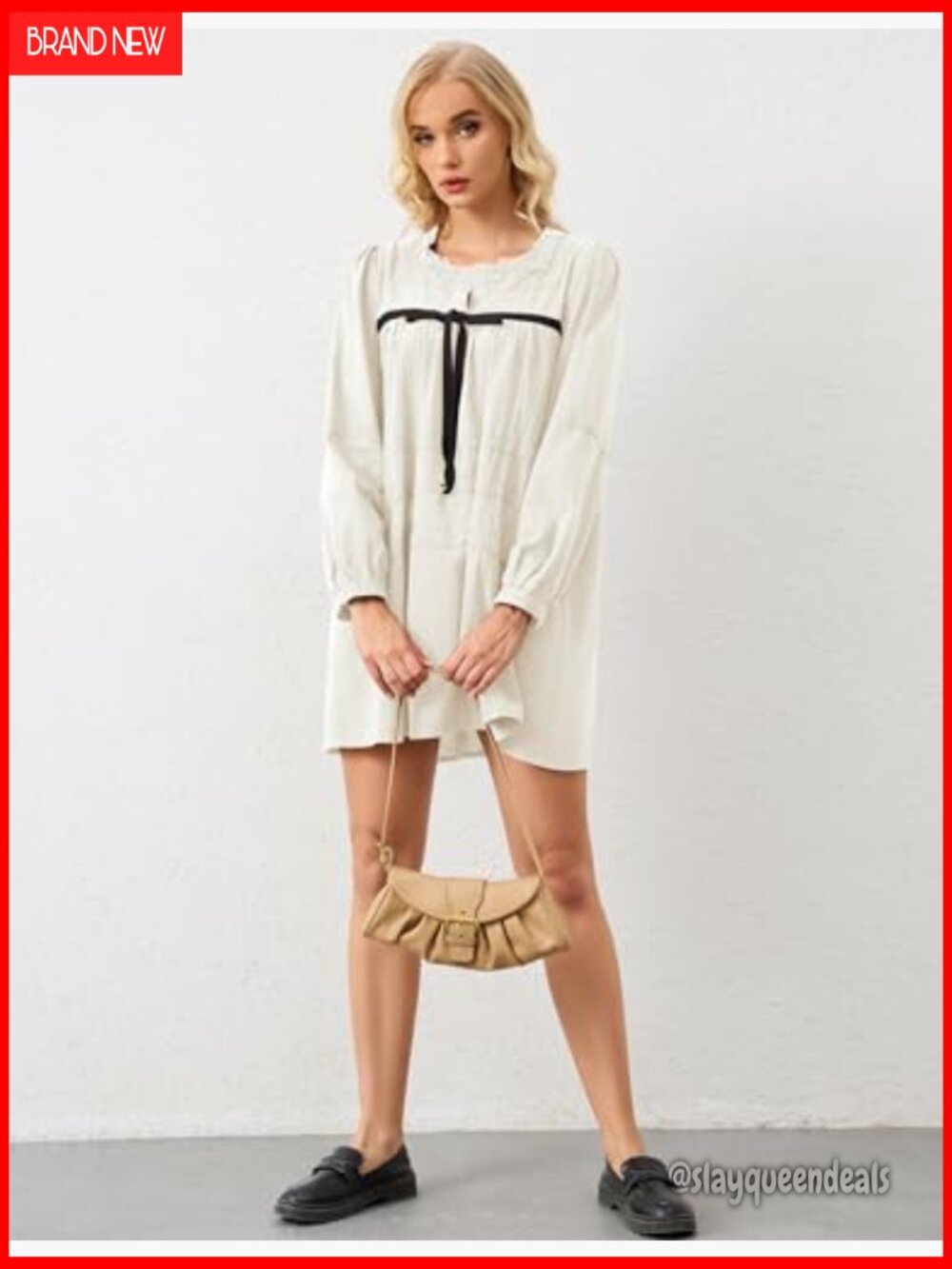 Flowy Long Puff Sleeve Mini Dress Square Neck Lace Babydoll A-line Tunic - Picture 4 of 7